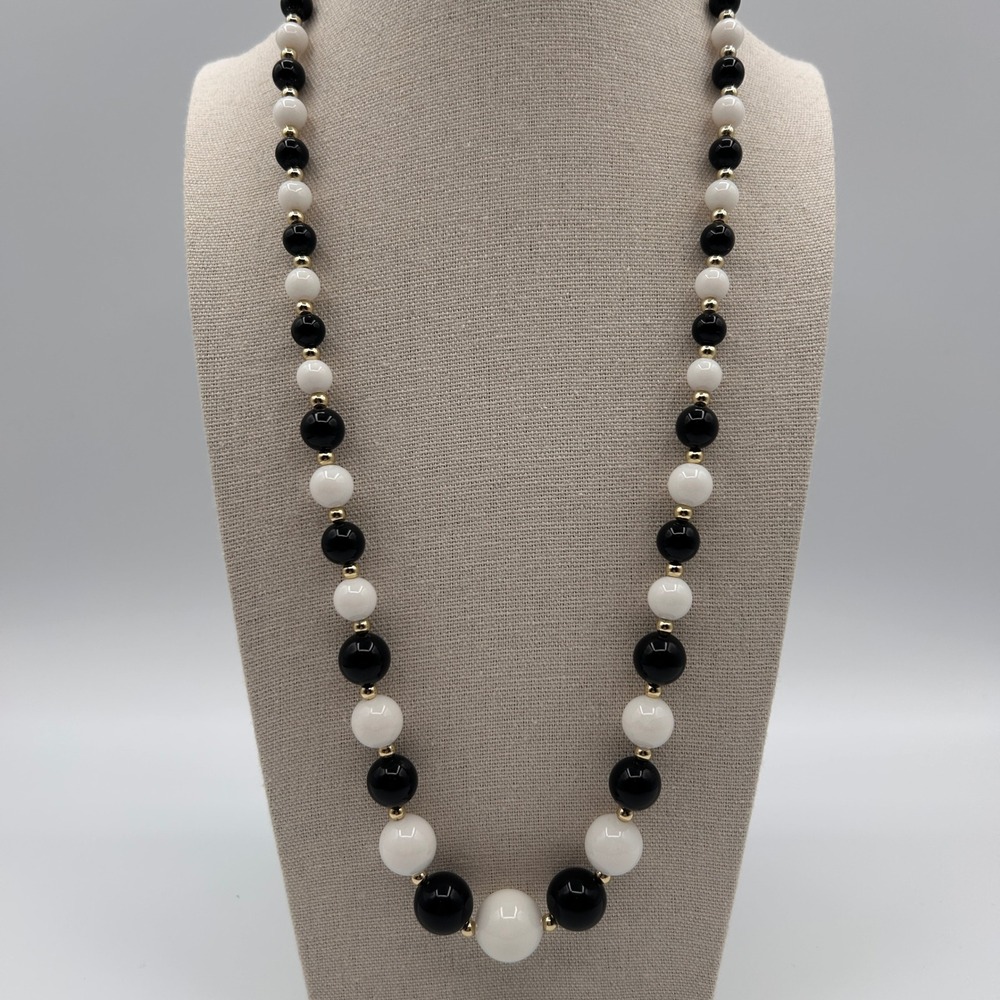 Vintage Black White Graduated Bead Necklace Gold Tone Spacers Single Strand 24"